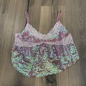NEW Free People Intimately Right Rhythm Sequin Cami Sz Small Lollipop Pink Combo